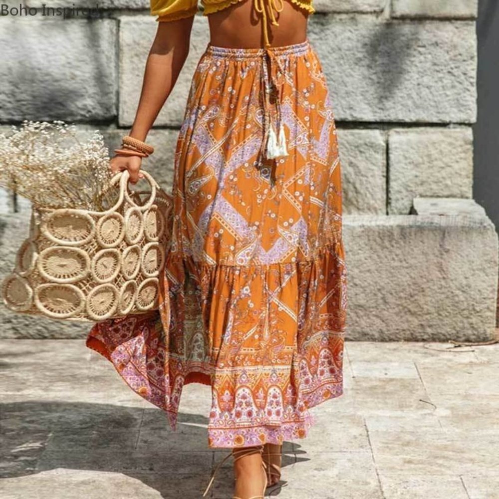 Boho Gypsy Floral Print Maxi Skirt mustard ruffle - Picture 2 of 5